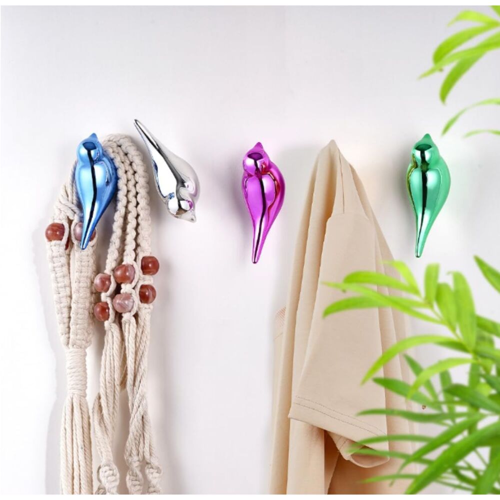 5 Bird Wall Hooks Resin Blue Gold Silver Pink Green